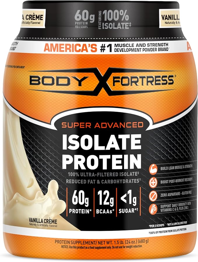 Body Fortress Super Advanced 100% Ultra-filtered Isolate Protein Powder, Vanilla, 60g Protein, 1.5 lbs (Packaging May Vary)